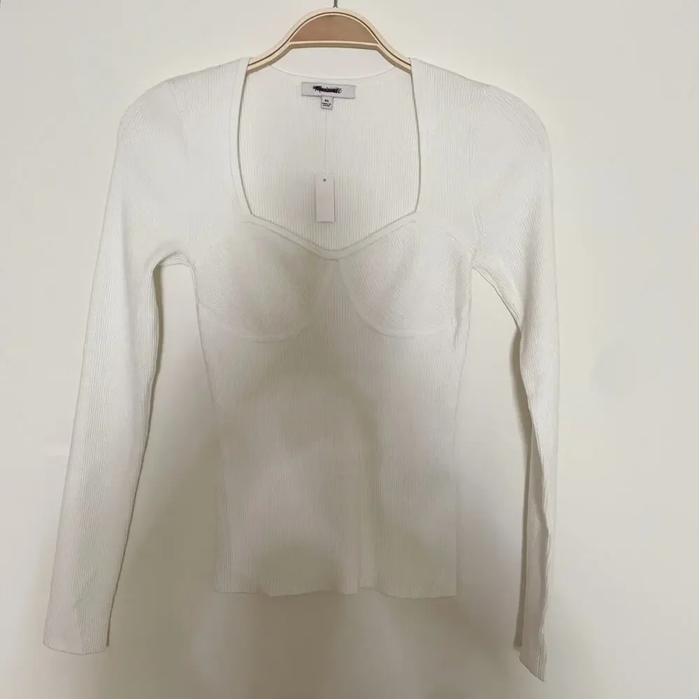 Madewell Wide Rib‎ Sweater Top NM615 Sweetheart Corset Antique Cream Sz XS NWT